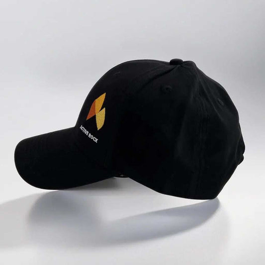 Black Active Rock Classic Cap with logo, 6-panel stretch design, lightweight breathable fabric.