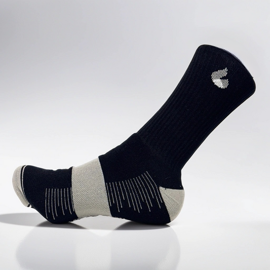 black and grey crew tennis socks with metatarsus compression and cushioned sole
