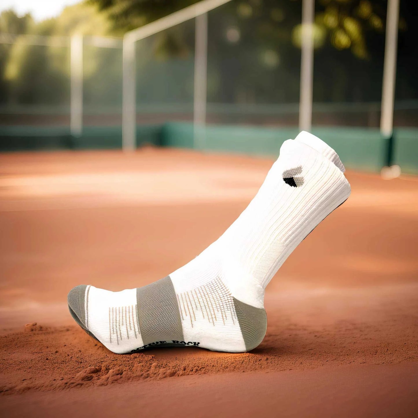 White and grey crew tennis socks with bamboo yarns and ankle protection, displayed on a tennis court.
