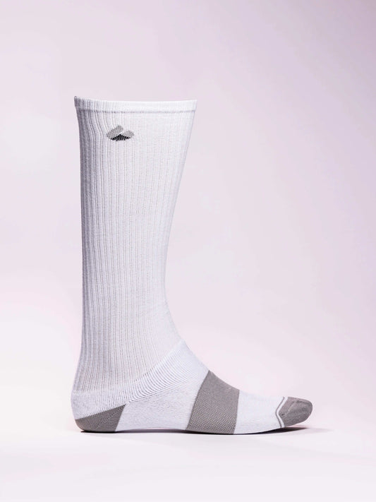 Compression socks in white and grey with targeted support for athletes.