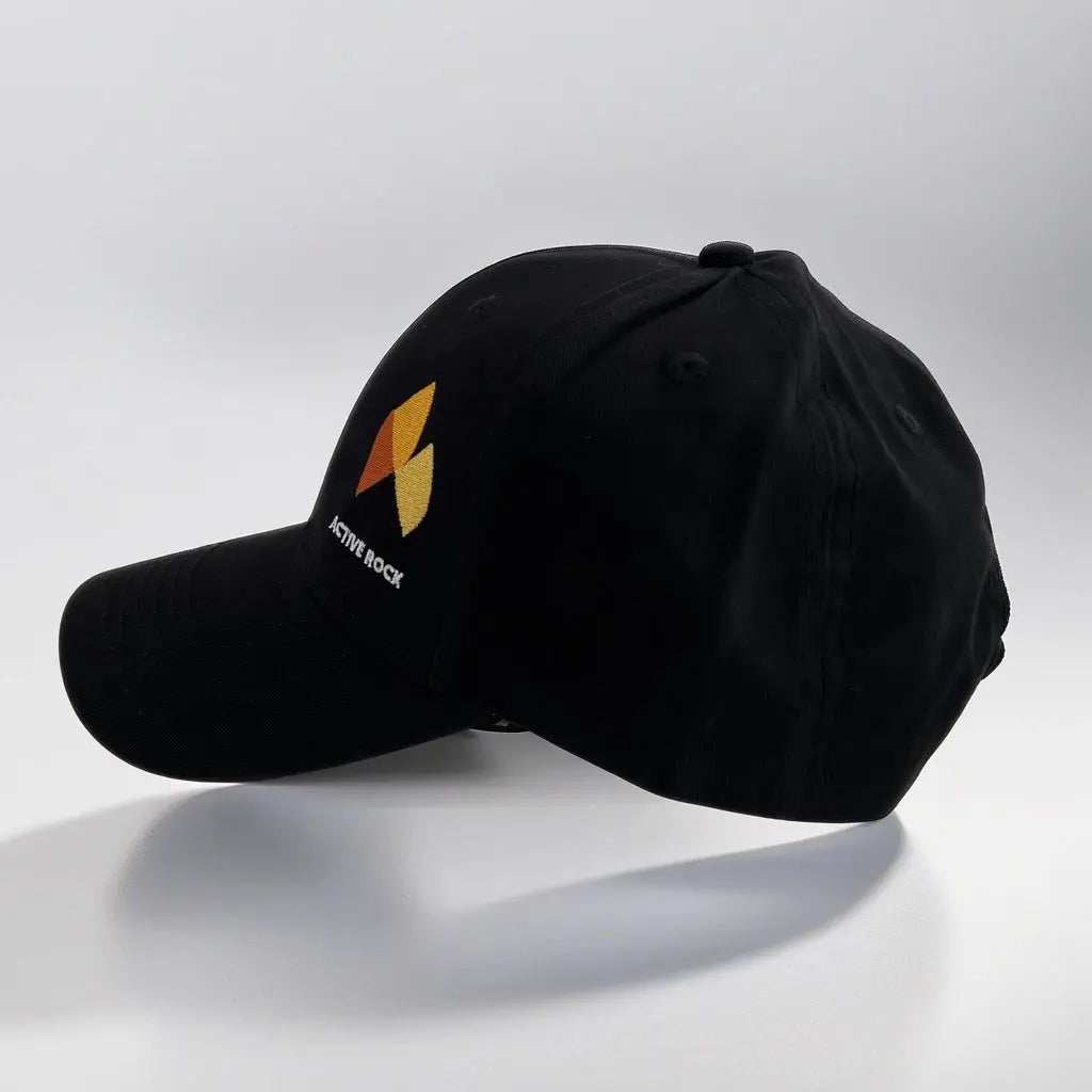 Black Active Rock Classic Cap with logo, 6-panel stretch design, lightweight breathable fabric.