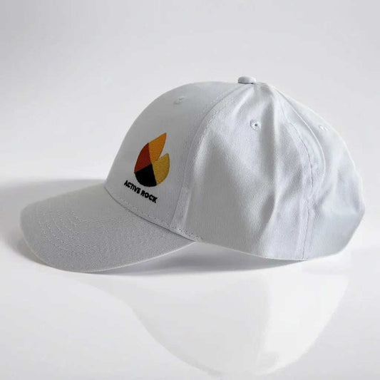 Active Rock Classic Cap in white with logo, lightweight breathable fabric, six-panel stretch design, embroidered ventilation holes.
